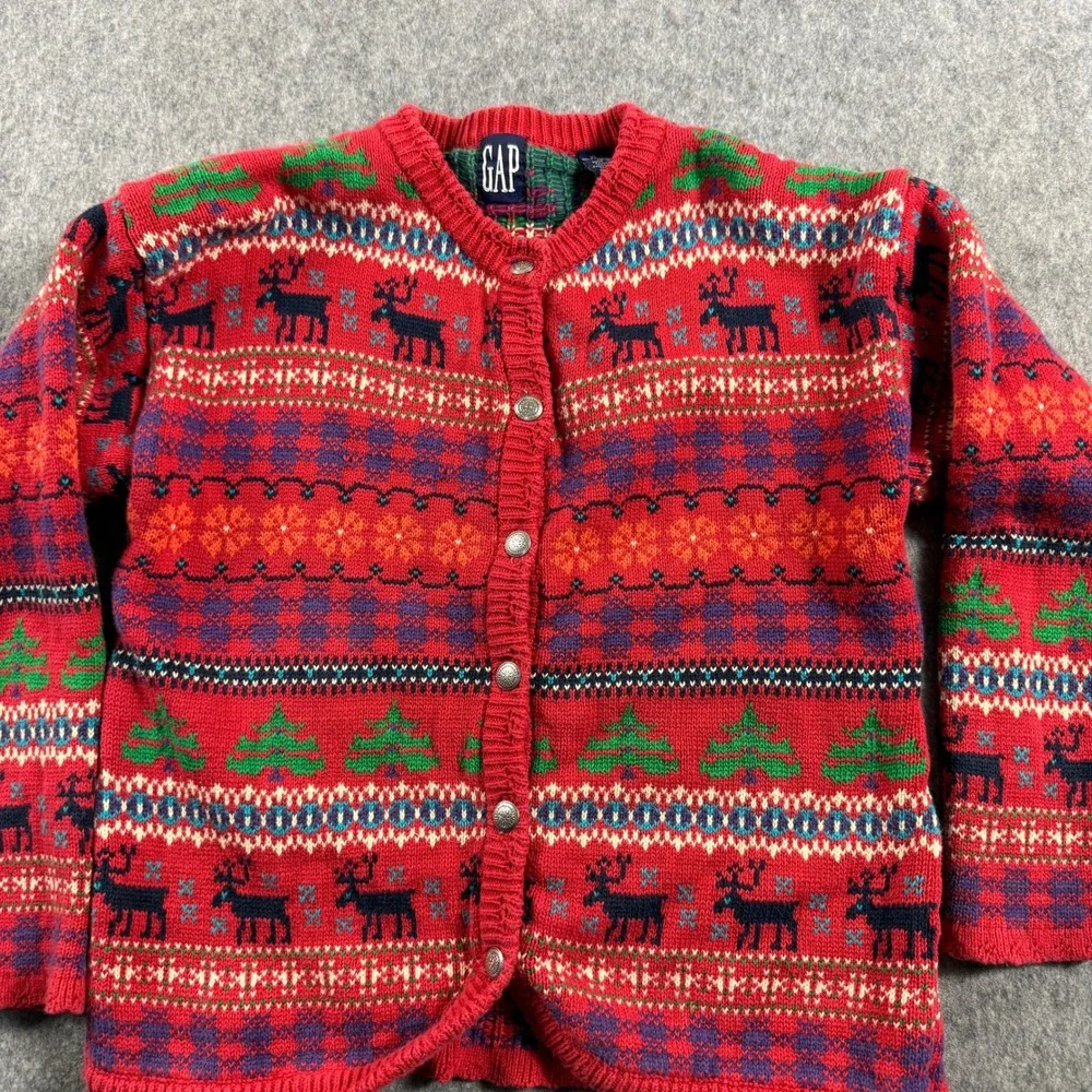 Vintage 90s GAP Kids XL Fair Isle Reindeer Moose Christmas Cardigan Sweater